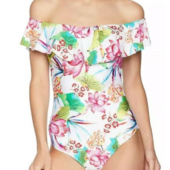 La Blanca Bora Bora Tropical Floral Off-The-Shoulder Ruffle One Piece Swimsuit 4 - Picture 1 of 5